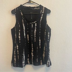 Ann Taylor Petite Large Sleeveless Black/Cream Ruffle-Neck Silk/Cotton Blouse
